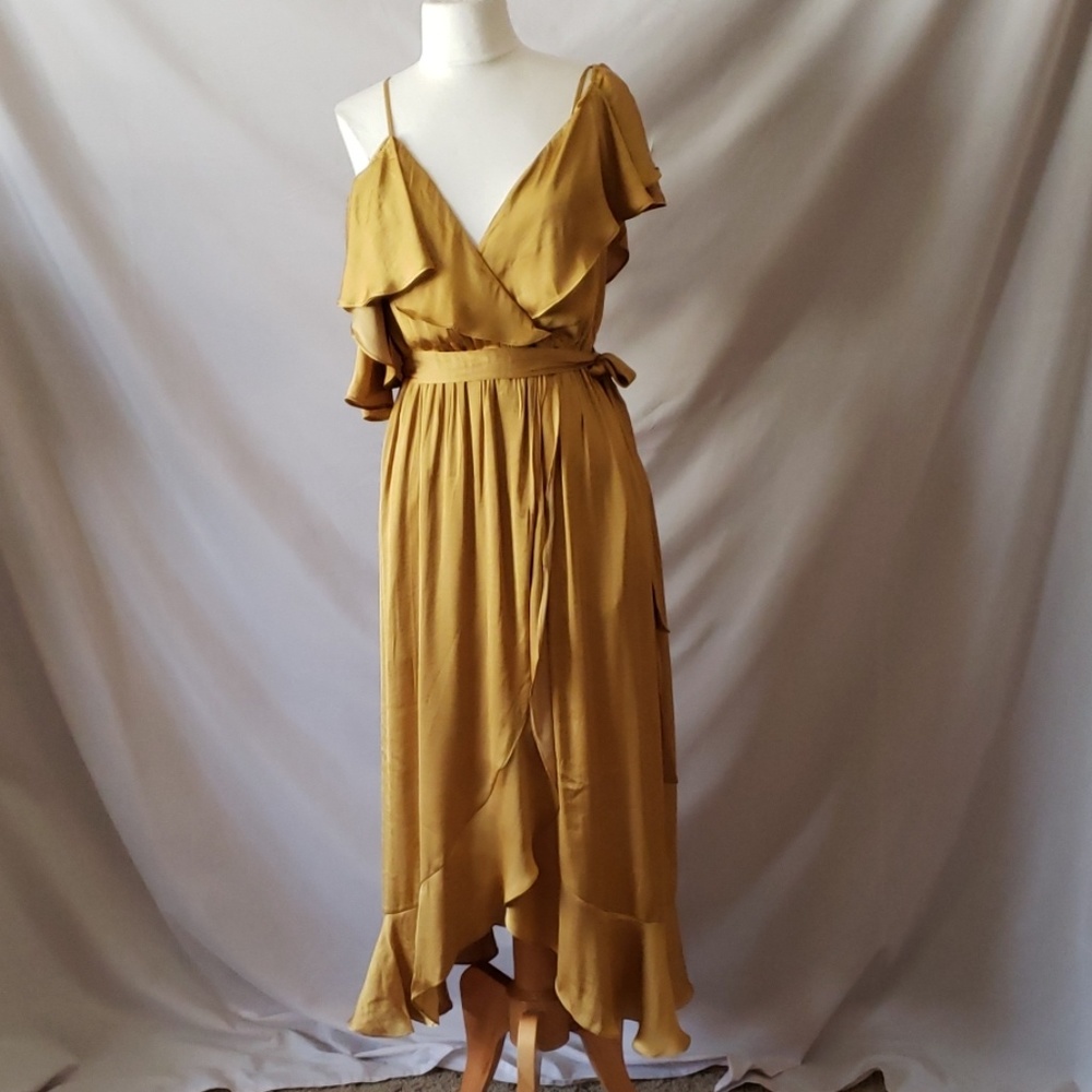 Bardot Yellow Ruffle Cold Shoulder Midi Dress
